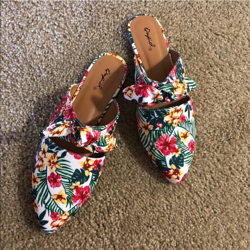Tropical print mules pointed toe bow - Picture 2 of 8
